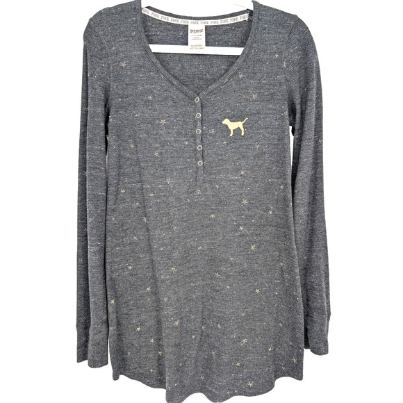 VTG Y2K Victorias Secret PINK Gray Thermal Waffle Logo Henley Sleep Shirt Small - Picture 1 of 9